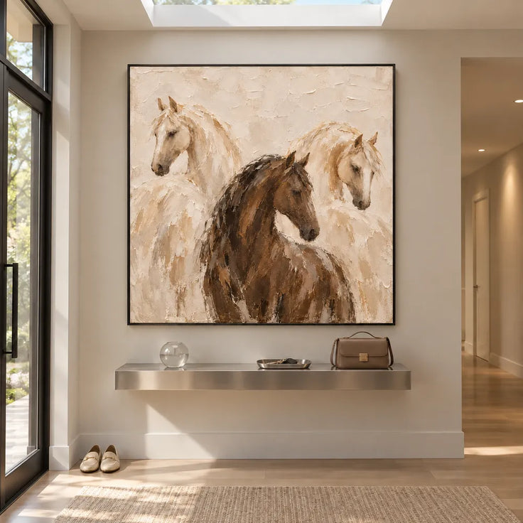 Cream and Brown Hand-Painted Oil Painting, Three Horses #FLZV73BL