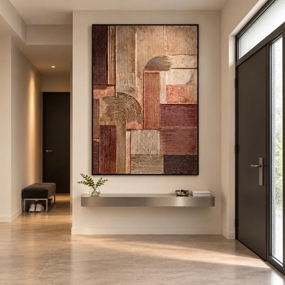 Brown and Beige Hand-Painted Oil Painting, Geometric Arches and Linear Blocks #SOT3Y088