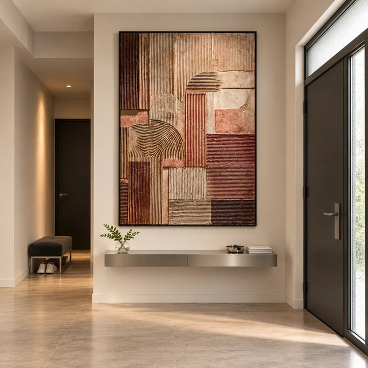 Brown and Beige Hand-Painted Oil Painting, Geometric Arches and Linear Blocks #SOT3Y088