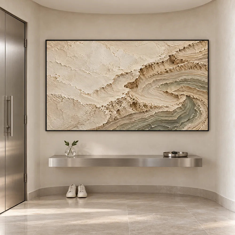 Cream and Sage Hand-Painted 3D Textured Oil Painting, Curling Contour Relief #C9QZSV3G