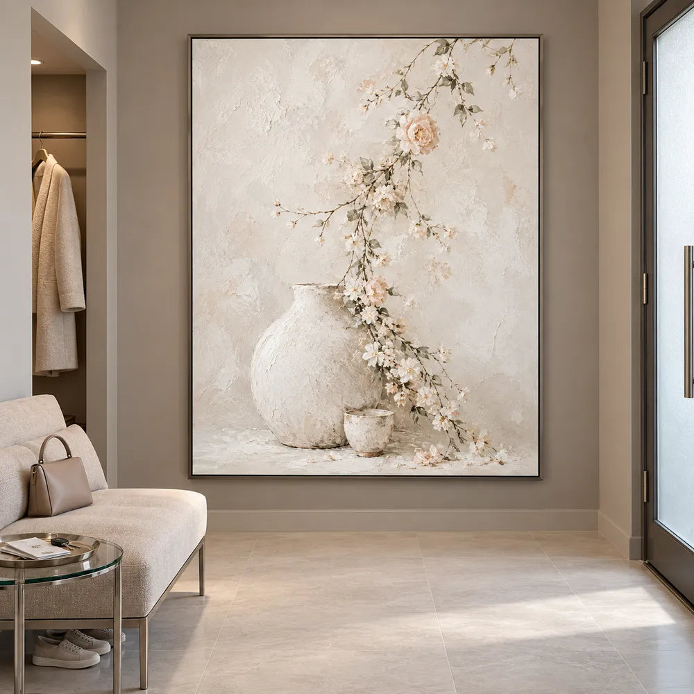 Ivory Hand-Painted Oil Painting, Trailing Blossoms and Pale Vessels #5LFVTUHO