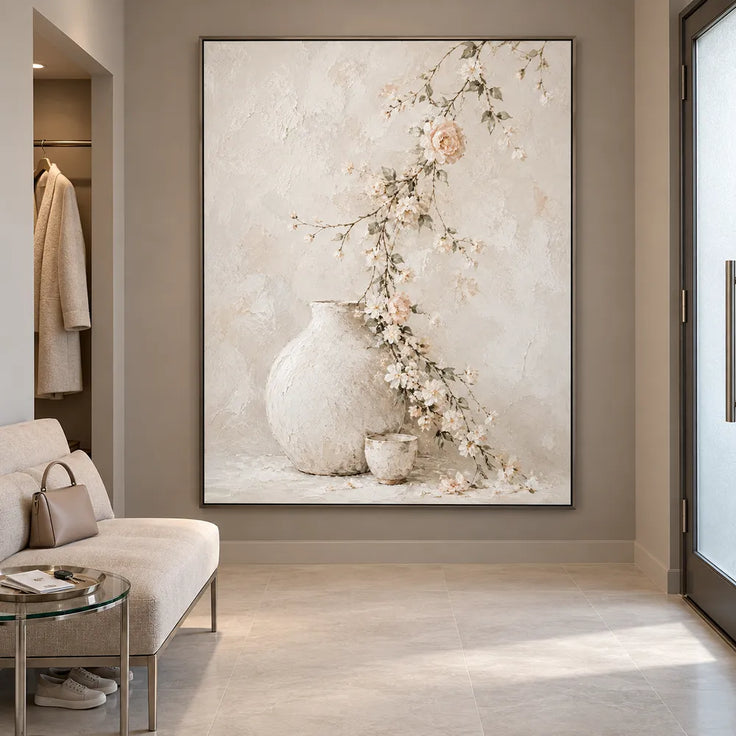 Ivory Hand-Painted Oil Painting, Trailing Blossoms and Pale Vessels #5LFVTUHO