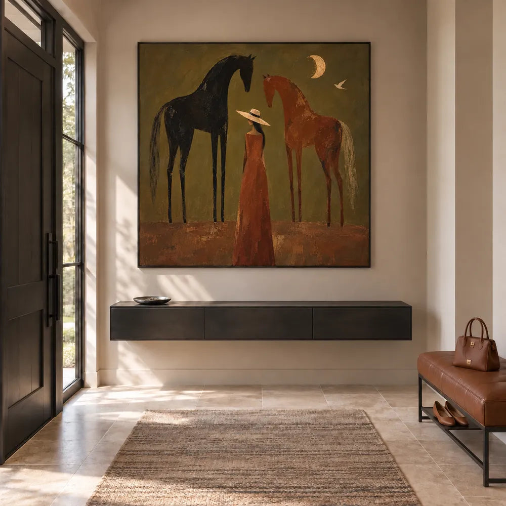 Olive & Rust Hand-Painted Oil Painting, Woman and Horses with Crescent Moon #HO11S3B9