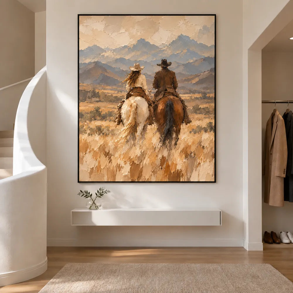Sand and Blue Gray Hand-Painted Oil Painting, Riders Facing the Mountains #3TULKAQH