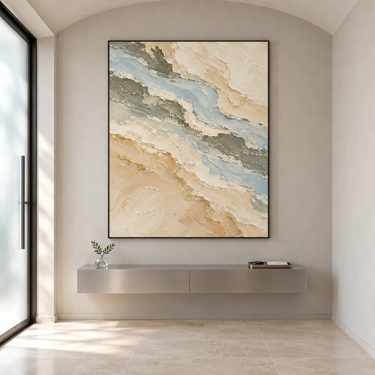 Beige Hand-Painted Oil Painting, Blue-Gray Bands in a Vertical Abstract #4AQDKY69