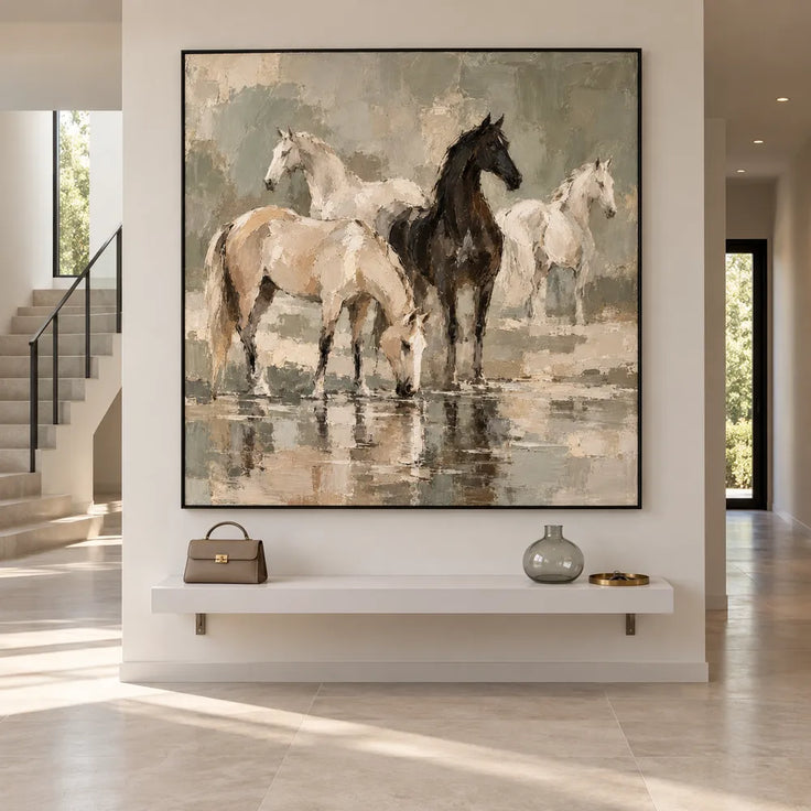 Hand-Painted Oil Painting, Four Horses at the Water in Soft Earth Tones #VUCHU1Y7