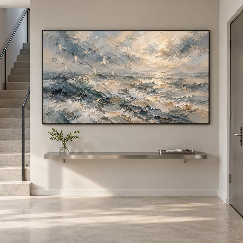 Blue-Gray Hand-Painted Oil Painting, Breaking Waves and Open Sky #KJ75TCEM