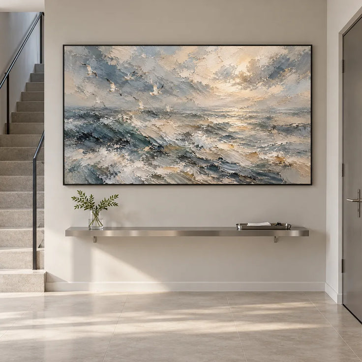 Blue-Gray Hand-Painted Oil Painting, Breaking Waves and Open Sky #KJ75TCEM