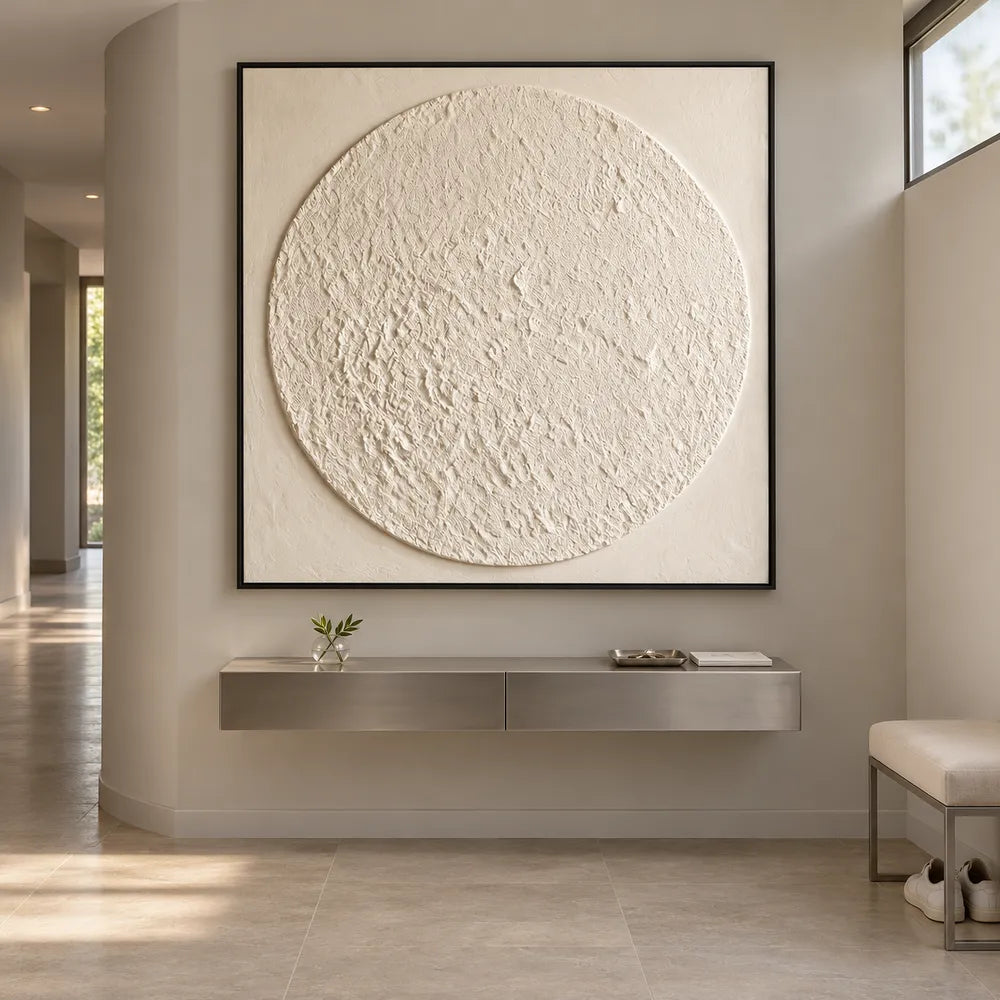 Ivory Hand-Painted 3D Textured Oil Painting, Textured Circle Abstract #GFK55X3M