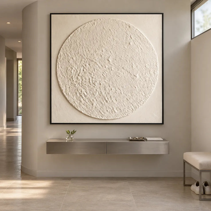 Ivory Hand-Painted 3D Textured Oil Painting, Textured Circle Abstract #GFK55X3M
