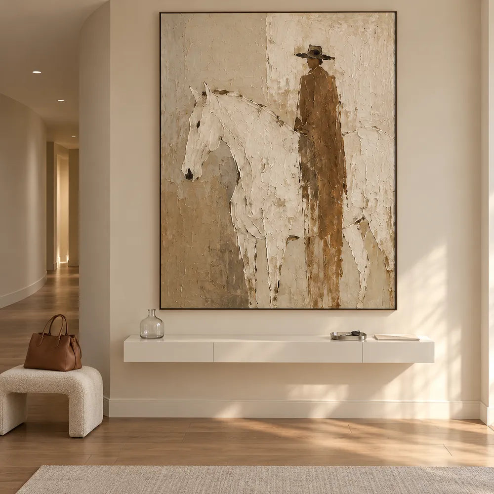Beige and Cream Hand-Painted Oil Painting, White Horse and Brown-Clad Rider #1YZD0V5I