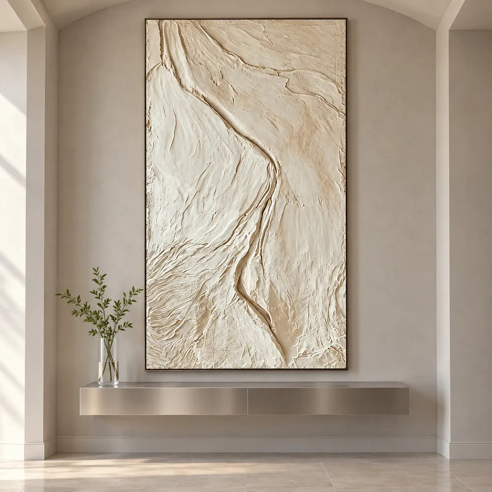 Ivory Hand-Painted 3D Textured Oil Painting, Winding Channel Wall Art #FFC33IEH