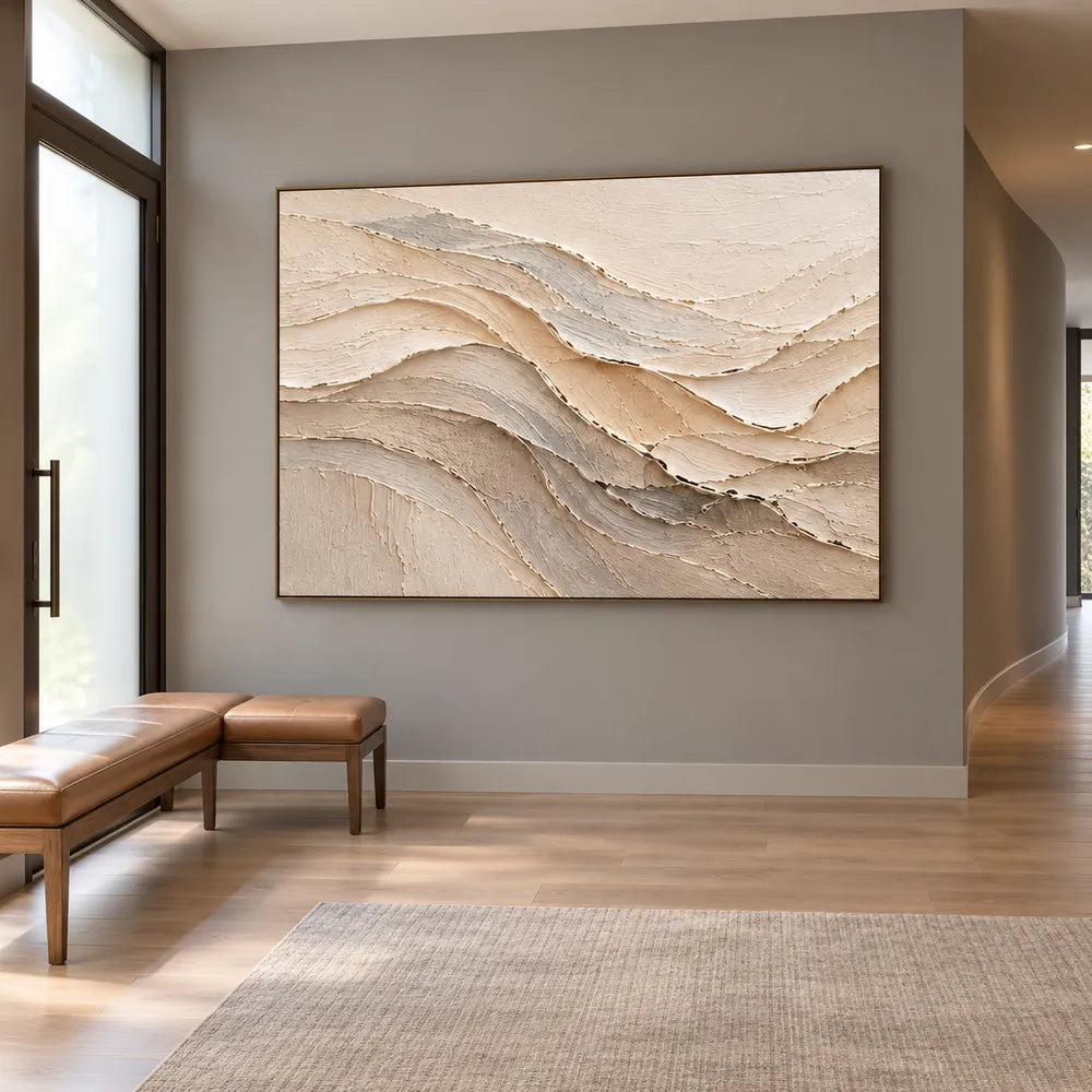 Cream & Beige Hand-Painted 3D Textured Oil Painting, Flowing Neutral Abstract Wall Art #75VVTF8C