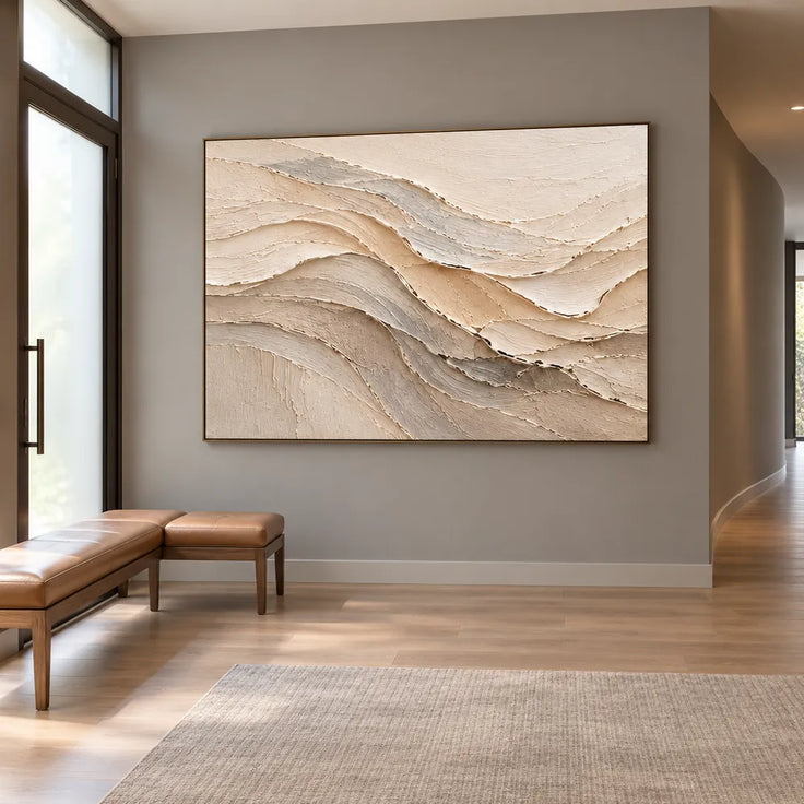 Cream & Beige Hand-Painted 3D Textured Oil Painting, Flowing Neutral Abstract Wall Art #75VVTF8C