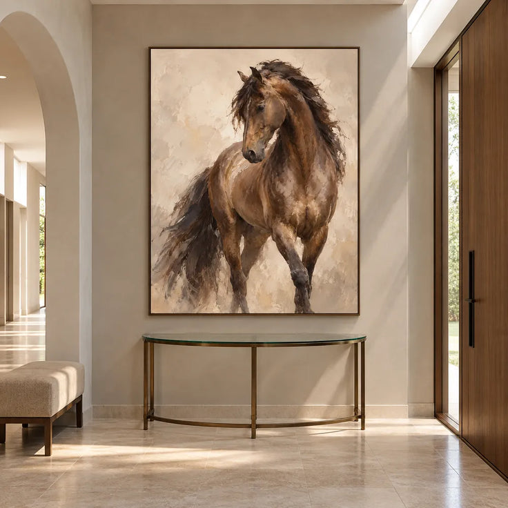 Brown & Beige Hand-Painted Oil Painting, Expressive Horse Wall Art #VSRVKISF