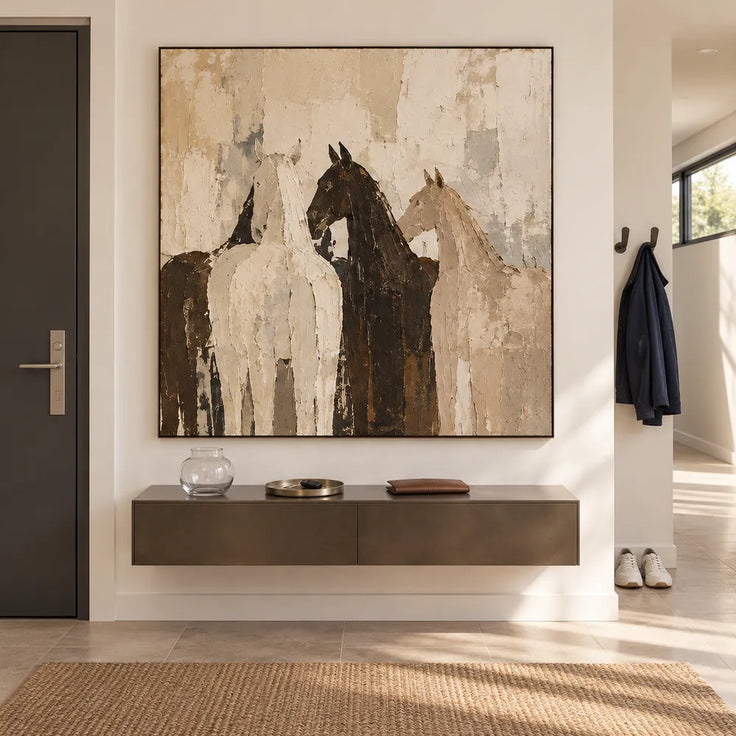 Cream and Brown Hand-Painted Oil Painting, Four Overlapping Horses #8B5N34SV