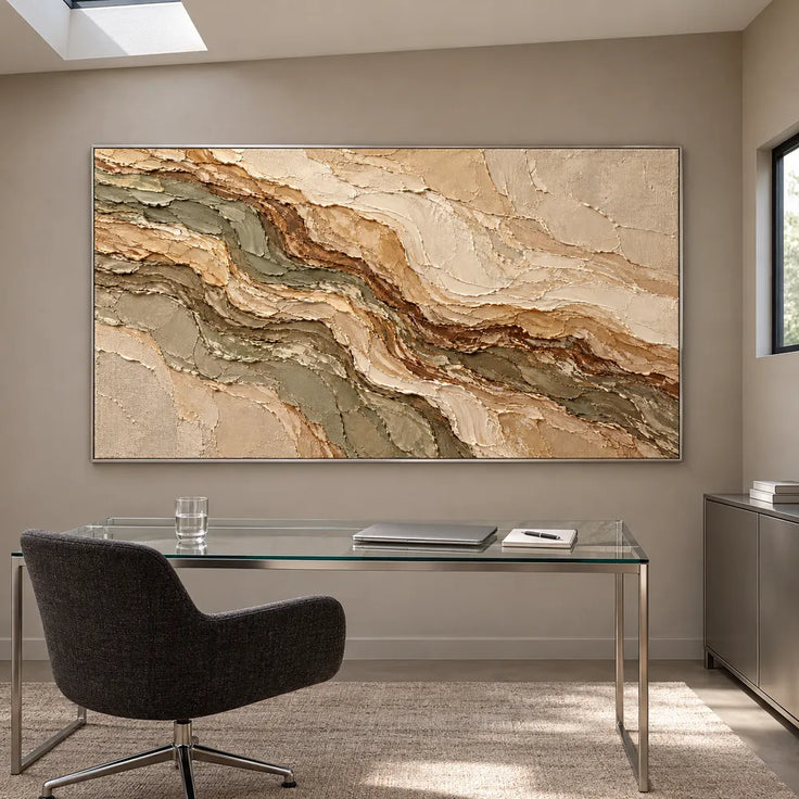 Earth-Tone Hand-Painted 3D Textured Oil Painting, Olive and Brown Strata #CZ83GDFB