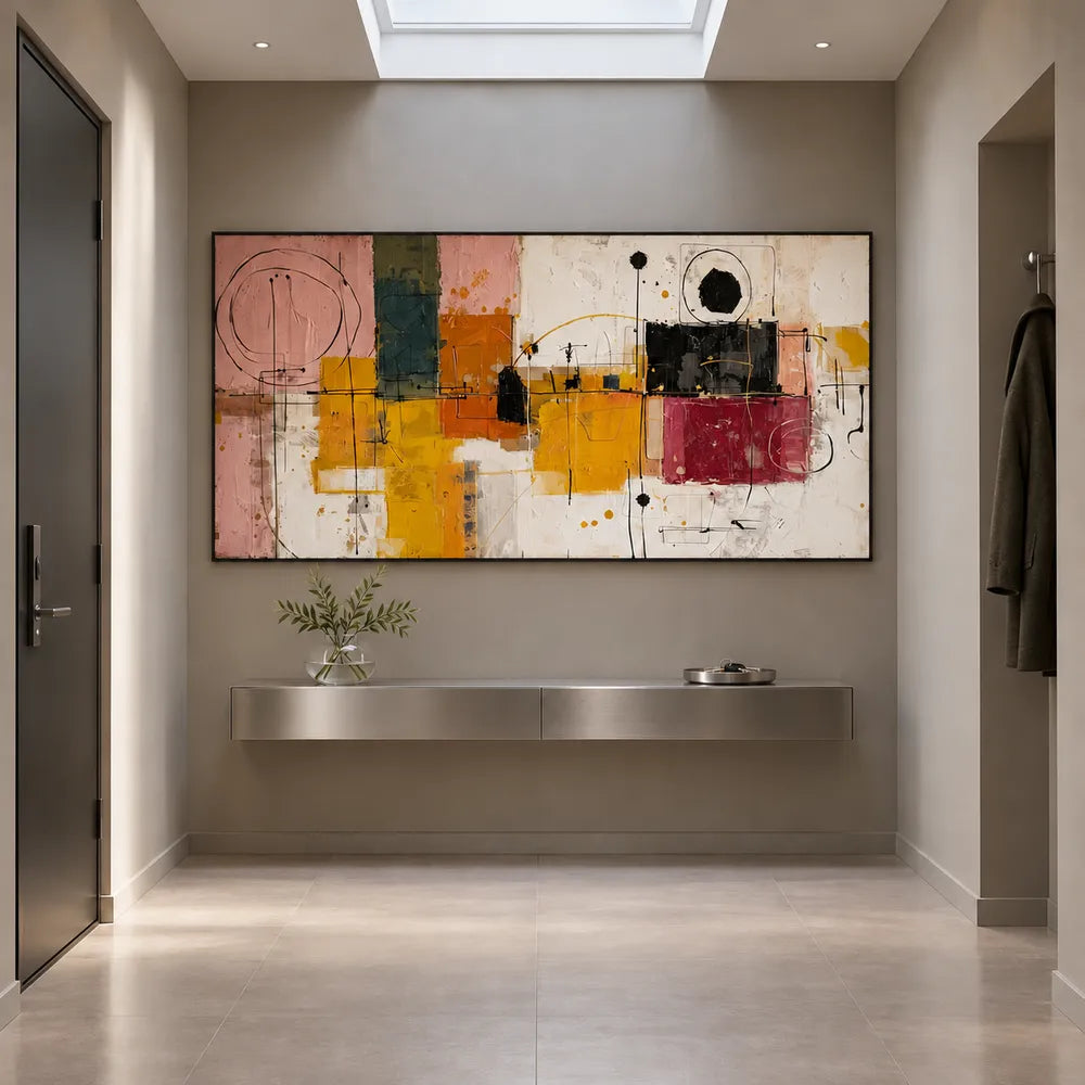 Mustard and Burgundy Hand-Painted Oil Painting, Geometric Abstract #LV534W2B