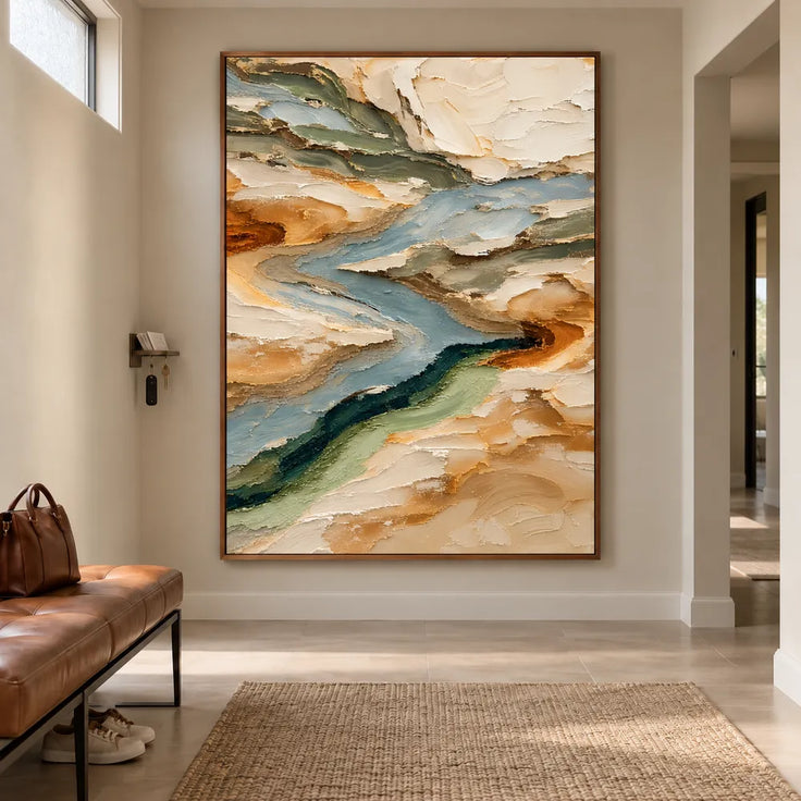 Earth-Tone Hand-Painted 3D Textured Oil Painting, Winding Blue-Gray Flow #KHMVTZFC