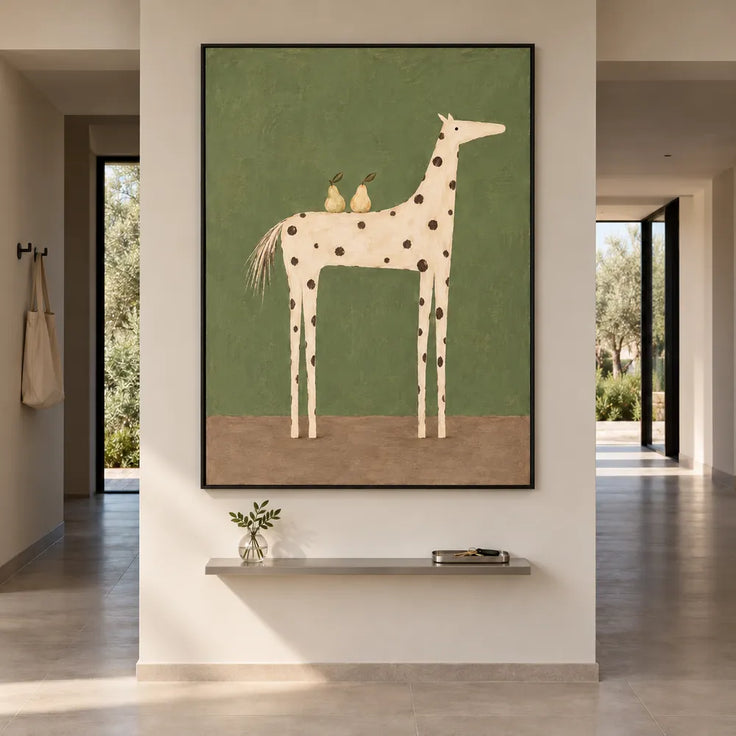 Olive Green Hand-Painted Oil Painting, Spotted Horse Carrying Two Pears #IIUZU07G