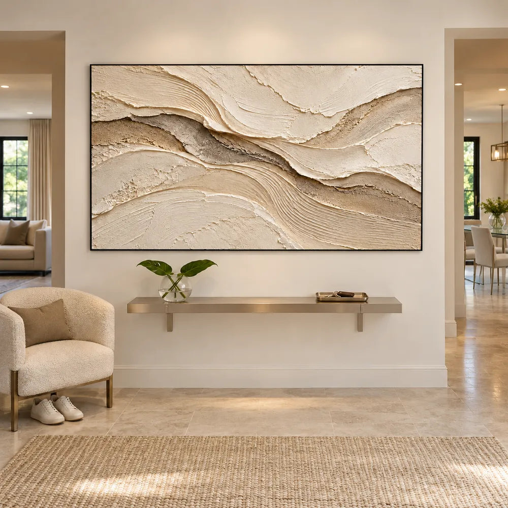 Beige Hand-Painted 3D Textured Oil Painting, Sweeping Layered Wave Abstract #6YZ3XFNK