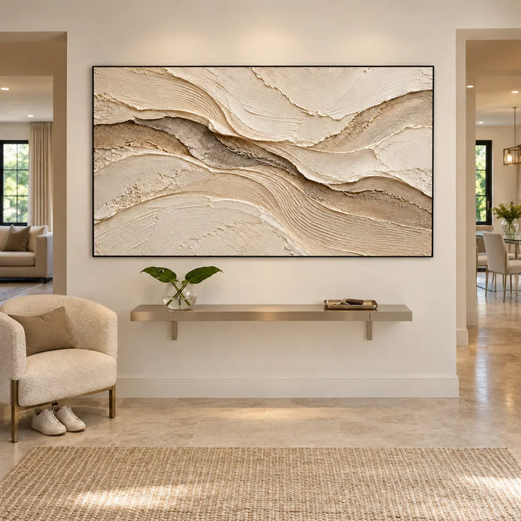 Beige Hand-Painted 3D Textured Oil Painting, Sweeping Layered Wave Abstract #6YZ3XFNK
