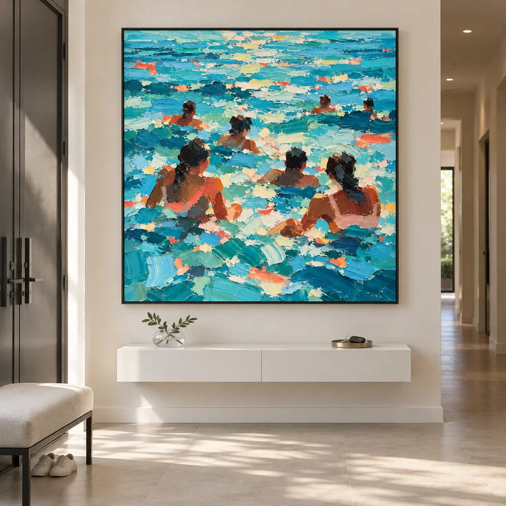 Turquoise Blue Hand-Painted Oil Painting, Seven Swimmers in Sunlit Water #2RV5N5Z4