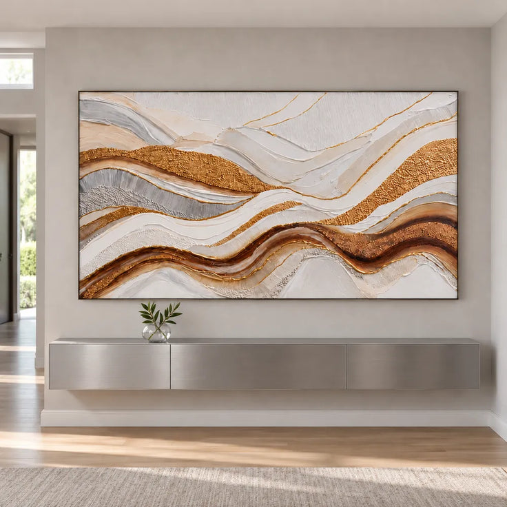 Ivory Gold Hand-Painted 3D Textured Oil Painting, Undulating Bands Wall Art #B19FJV18