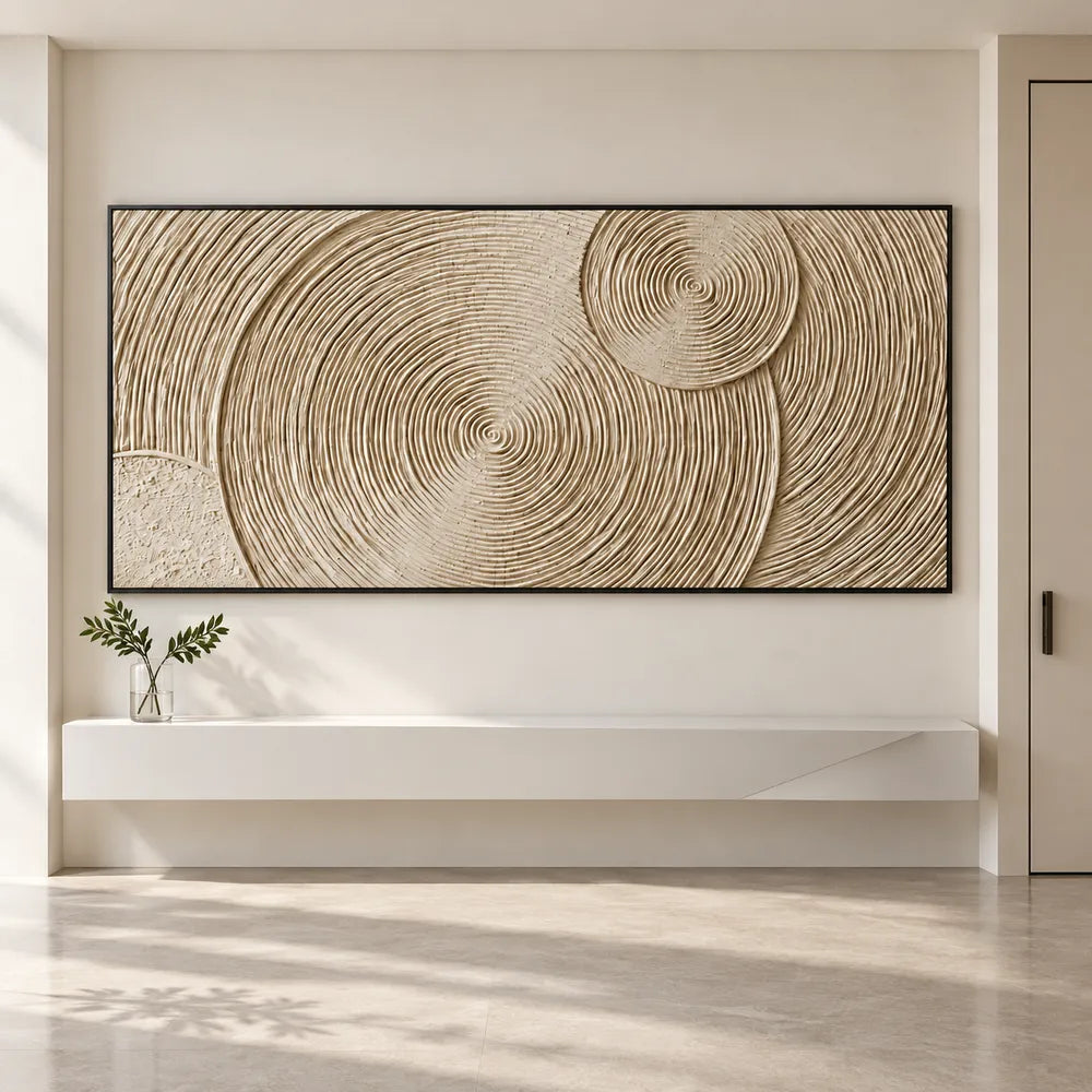 Beige Hand-Painted 3D Textured Oil Painting, Concentric Circles Wall Art #JMOPNPCU