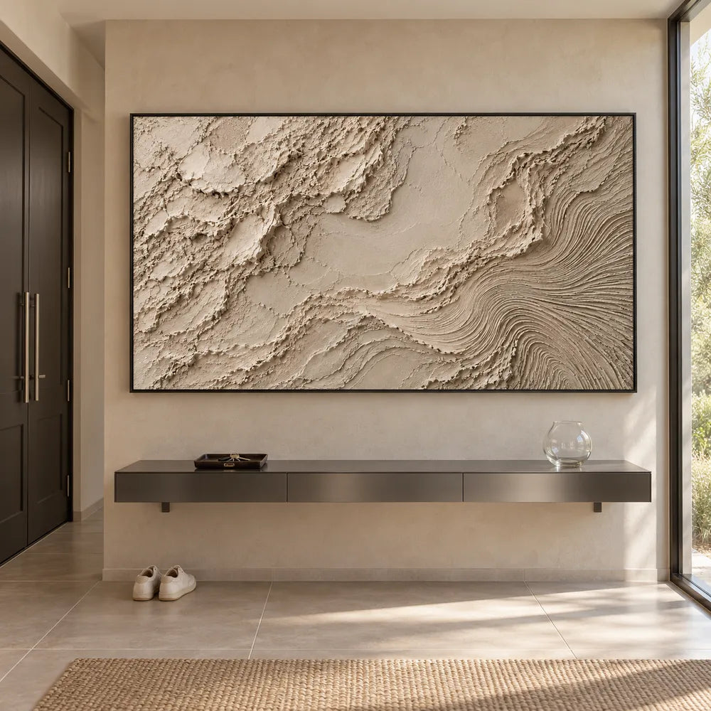 Beige Hand-Painted 3D Textured Oil Painting, Rough Layers and Combed Curves Abstract #IK9DA1WL
