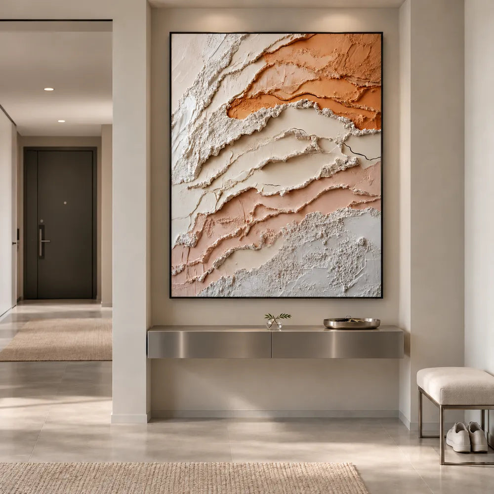 Ivory and Peach Hand-Painted 3D Textured Oil Painting, Layered Organic Abstract #QOJT9JV1