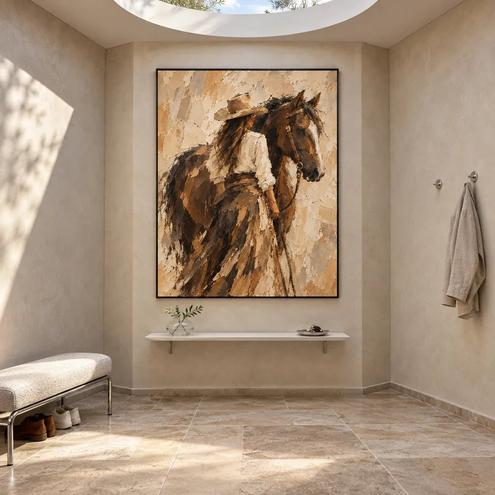 Brown and Cream Hand-Painted Oil Painting, Cowgirl Beside a Horse #JD6LI4AH
