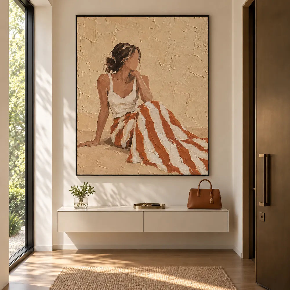 Beige Hand-Painted Oil Painting, Seated Woman with Rust and Ivory Striped Skirt #8OJBHZ91