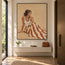 Beige Hand-Painted Oil Painting, Seated Woman with Rust and Ivory Striped Skirt #8OJBHZ91
