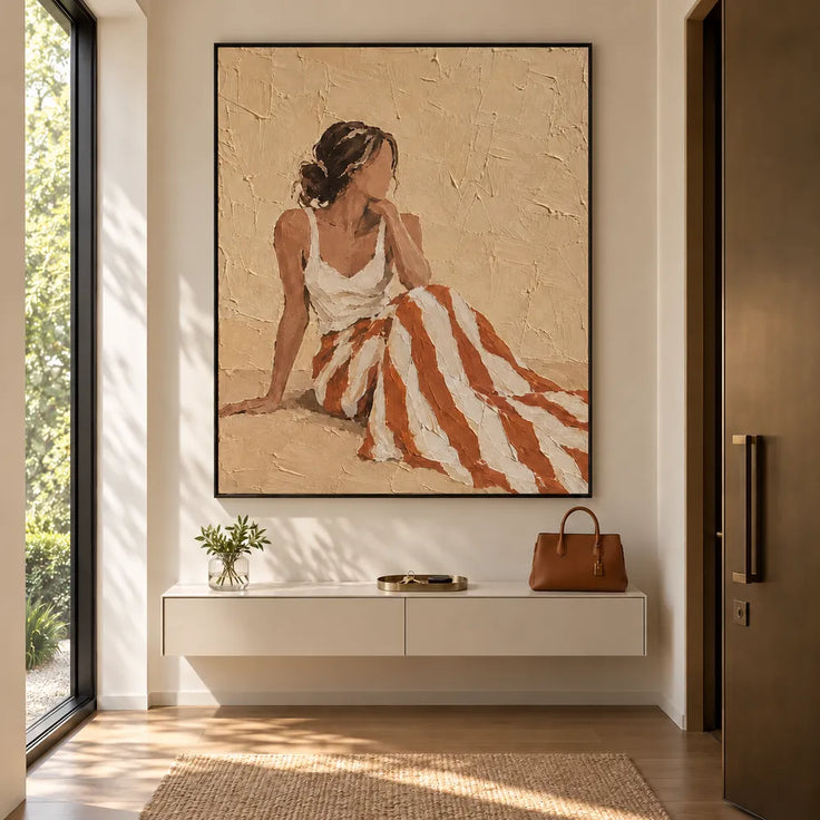 Beige Hand-Painted Oil Painting, Seated Woman with Rust and Ivory Striped Skirt #8OJBHZ91