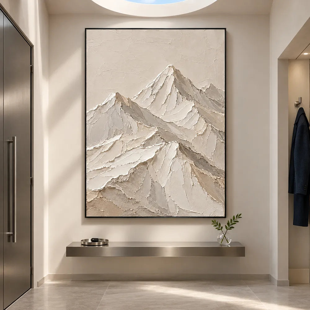 Ivory Hand-Painted 3D Textured Oil Painting, Minimal Mountain Peaks #SUBDFZDI