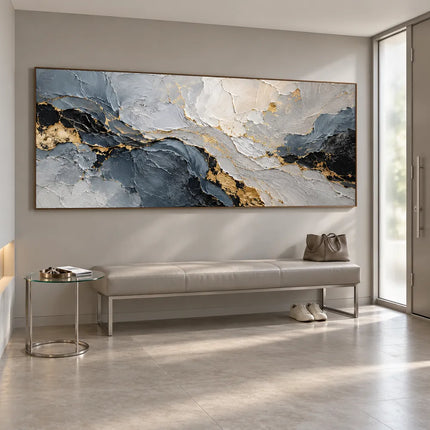 Gray Hand-Painted 3D Textured Oil Painting, Dark Layers and Gold Tones #X6RDSFYU