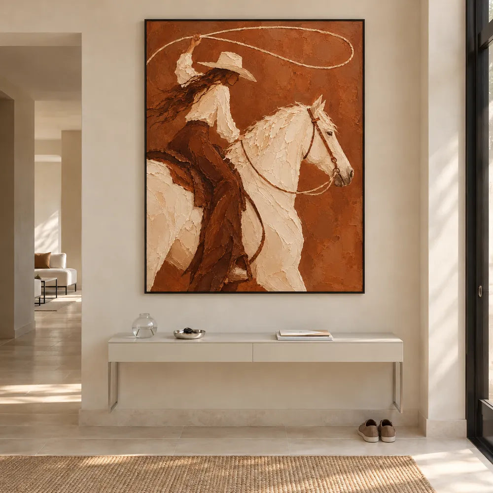Brown and Ivory Hand-Painted Oil Painting, Cowgirl with Lasso on White Horse #2F4THA0A
