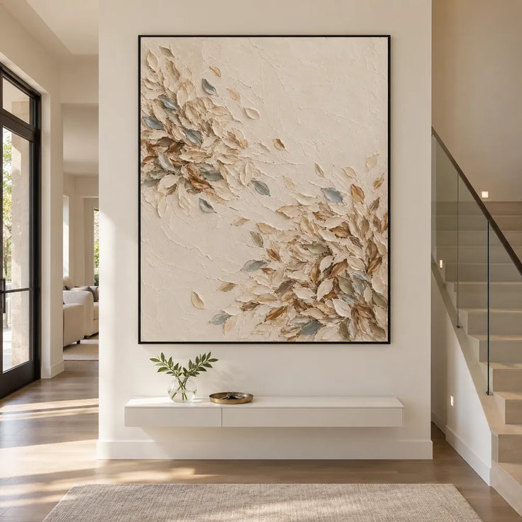 Cream Hand-Painted Oil Painting, Sweeping Leaves with Muted Blue Accents #03M1QDNU