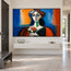 Blue and Orange Hand-Painted Oil Painting, Geometric Woman Holding Flowers #RWCVBPGR