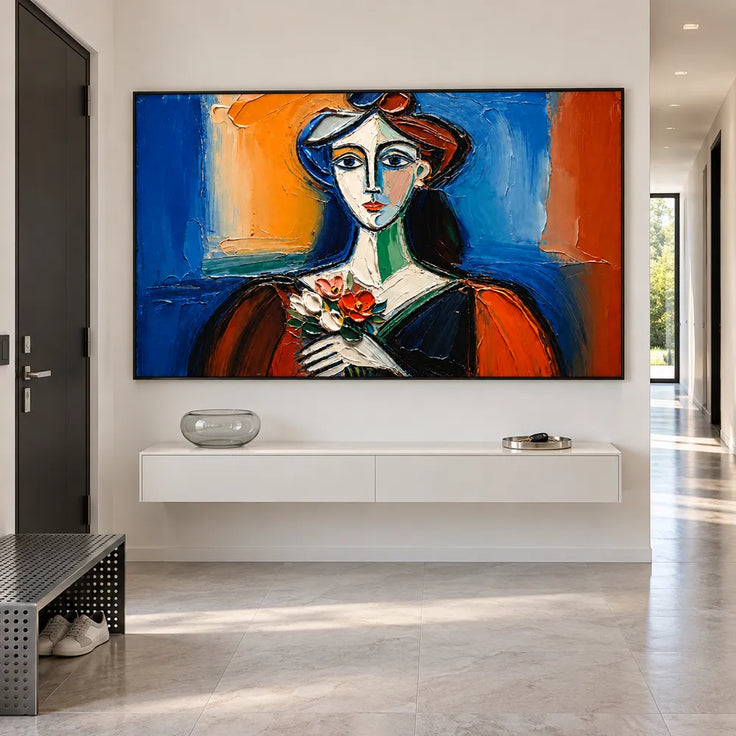 Blue and Orange Hand-Painted Oil Painting, Geometric Woman Holding Flowers #RWCVBPGR