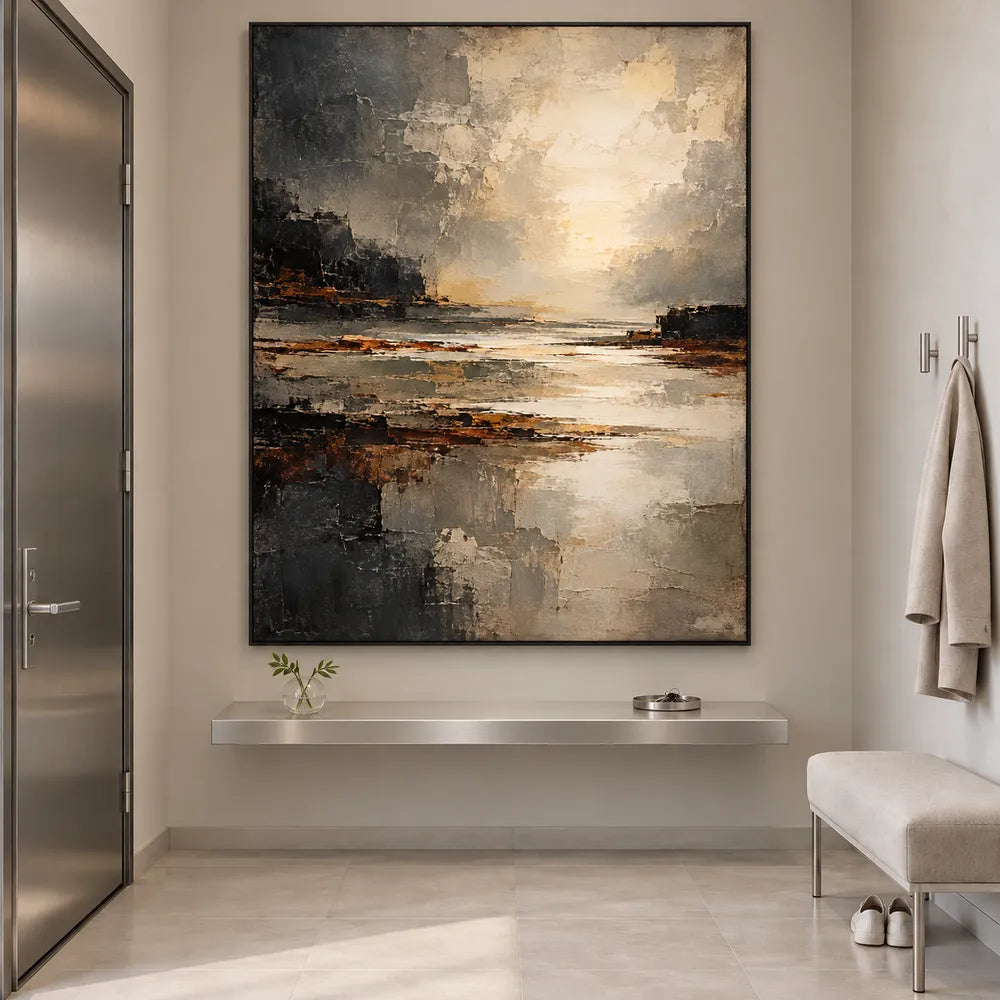 Charcoal and Cream Hand-Painted Oil Painting, Abstract Luminous Shore #AMXNLXWV