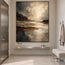 Charcoal and Cream Hand-Painted Oil Painting, Abstract Luminous Shore #AMXNLXWV