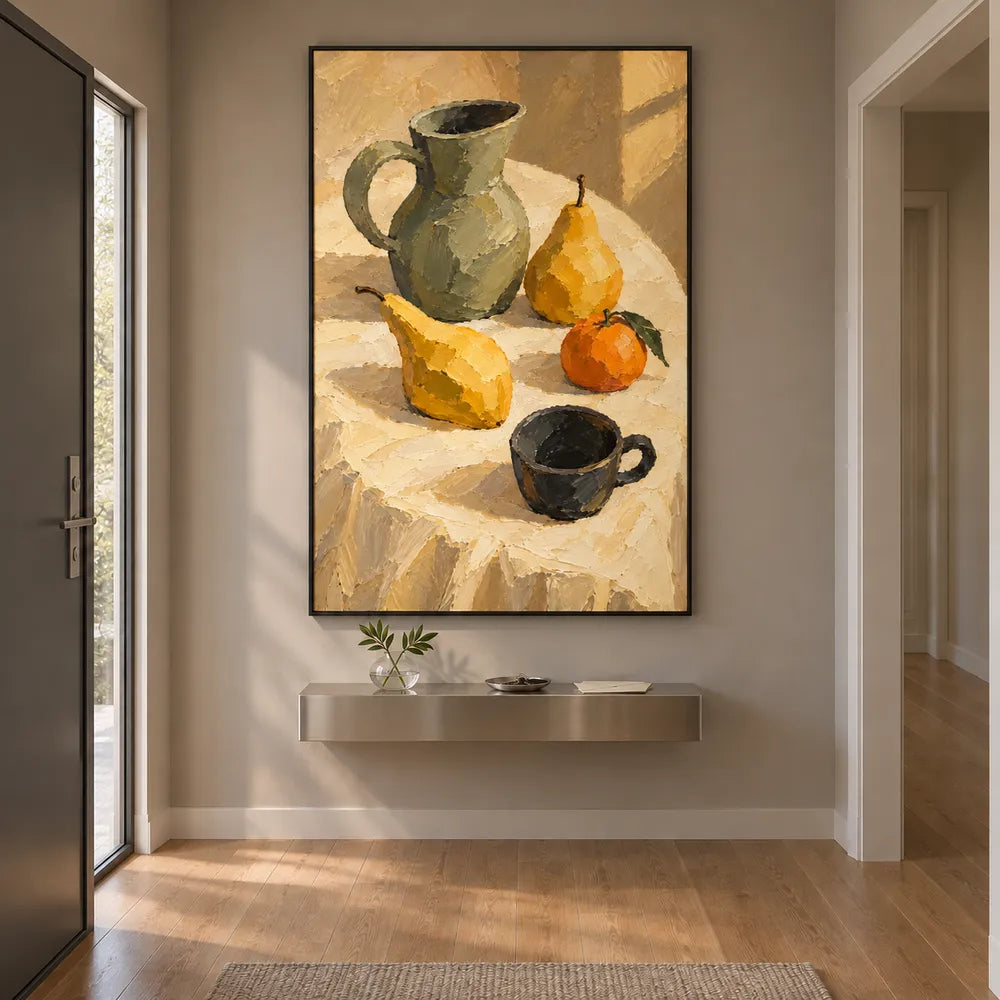 Yellow Hand-Painted Oil Painting, Pears and a Green Pitcher in Sunlight #D50B9HBJ