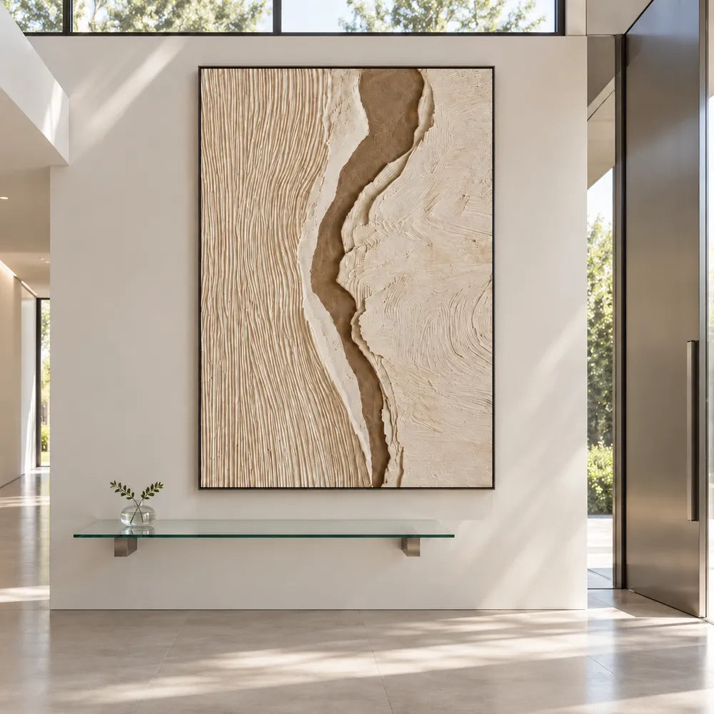 Cream Taupe Hand-Painted 3D Textured Oil Painting, Central Ravine Wall Art #8OE57EYP