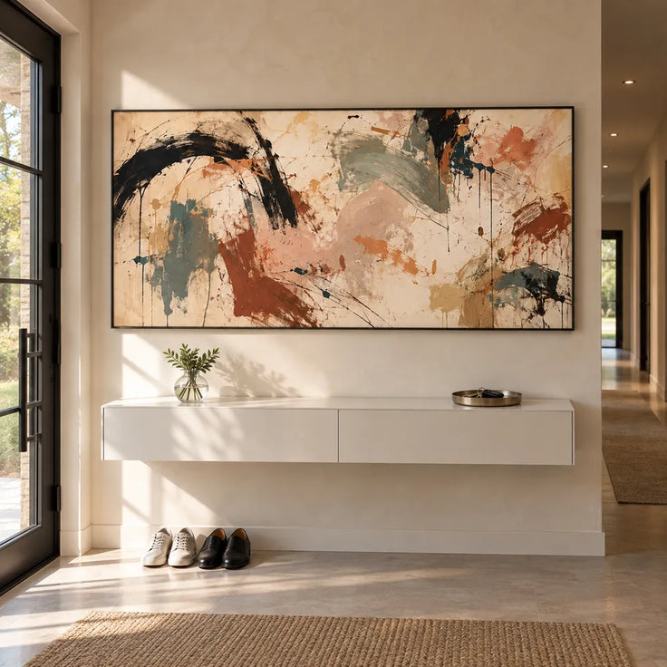 Beige Hand-Painted Oil Painting, Black Arcs and Sage Abstract #HRPVAO7I