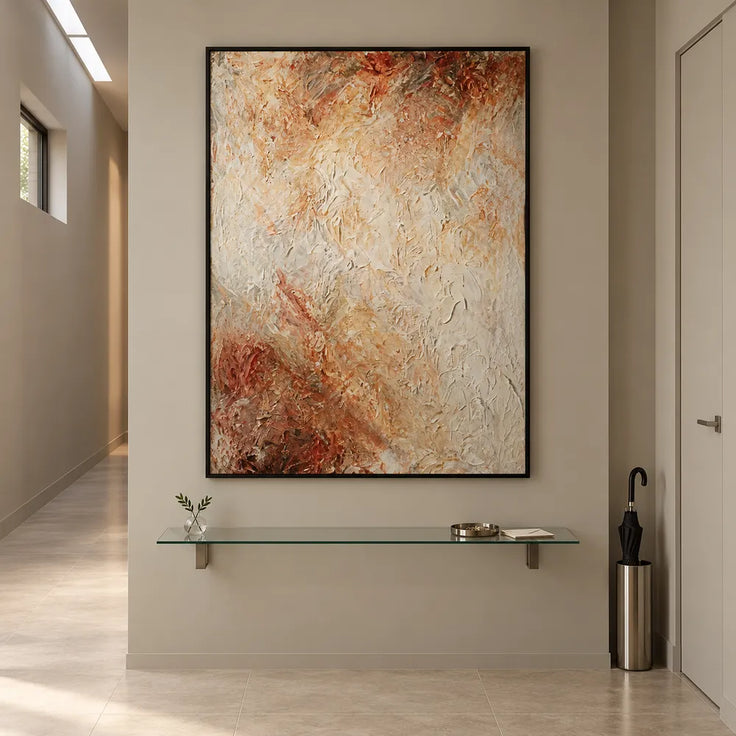 Cream and Warm Brown Hand-Painted Oil Painting, Soft Organic Abstract #97YZ35BG