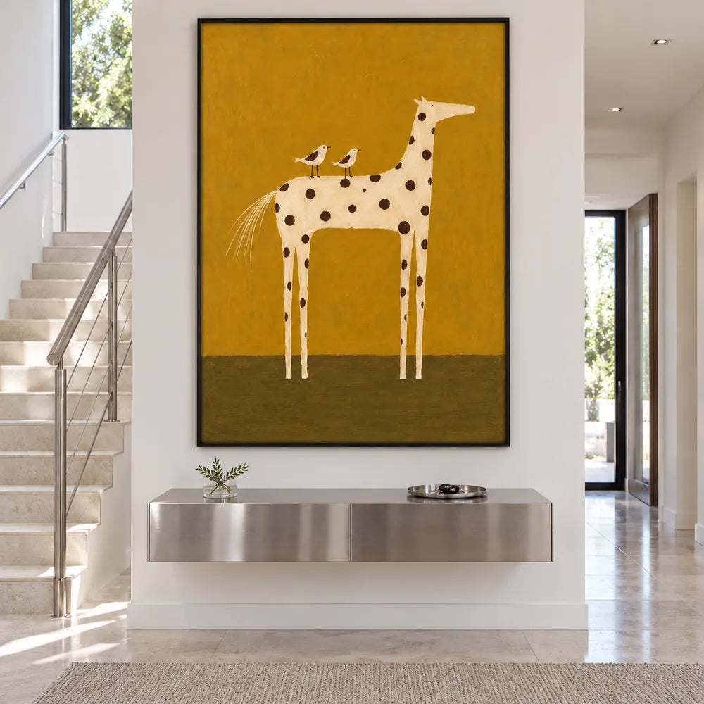 Mustard Yellow Hand-Painted Oil Painting, Spotted Horse with Two Birds #8COVKX2O