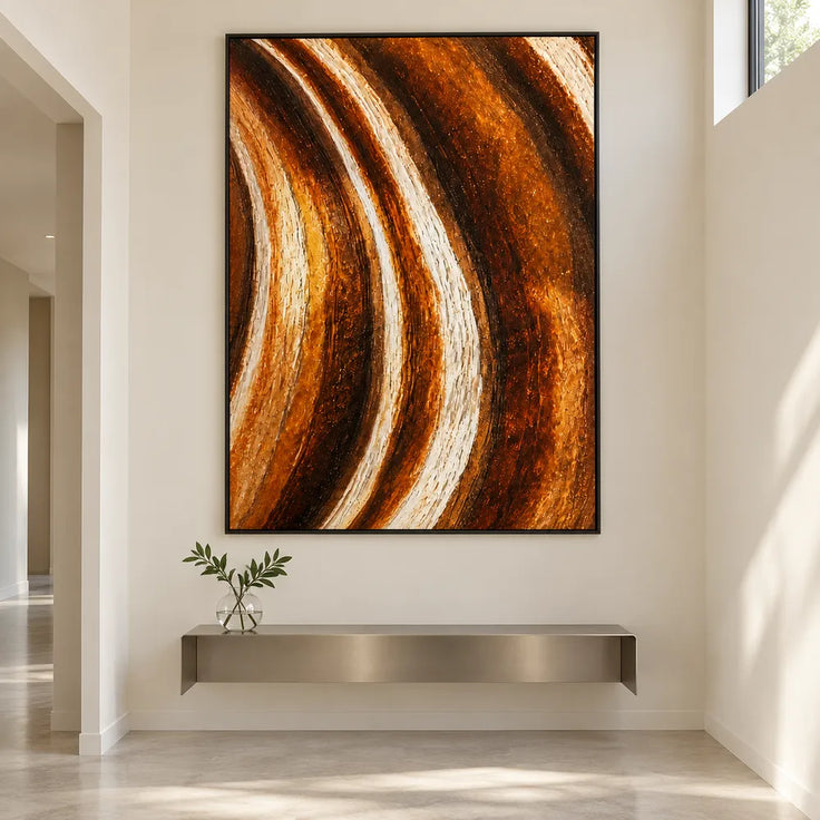 Amber Brown Hand-Painted 3D Textured Oil Painting, Flowing Streaks Wall Art #77Z7AGGF