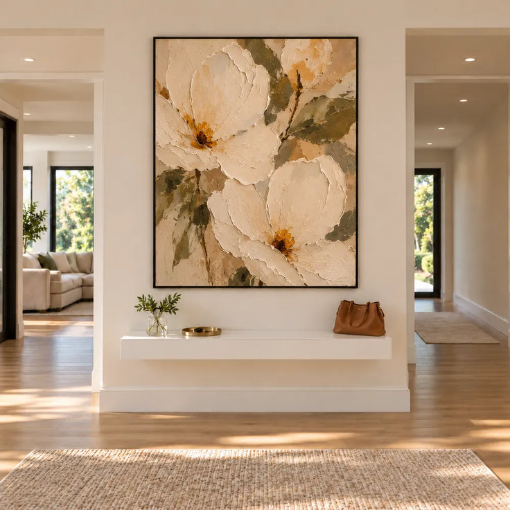 Cream Hand-Painted Oil Painting, Oversized Floral Blooms and Olive Leaves #NT8H5PRP